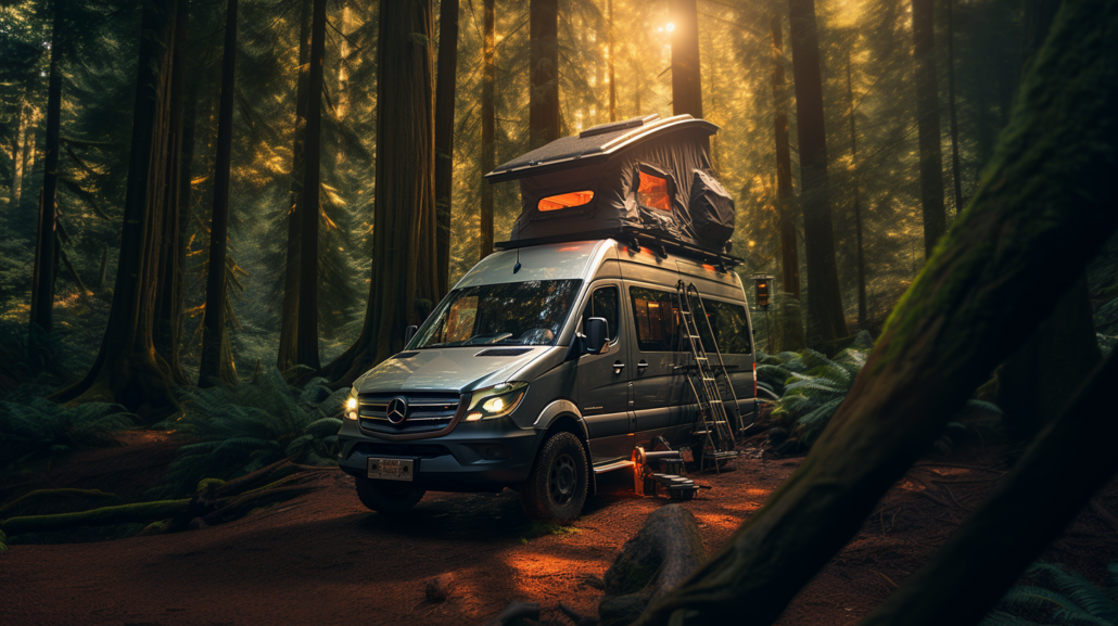 sprinter camper van in the redwoods